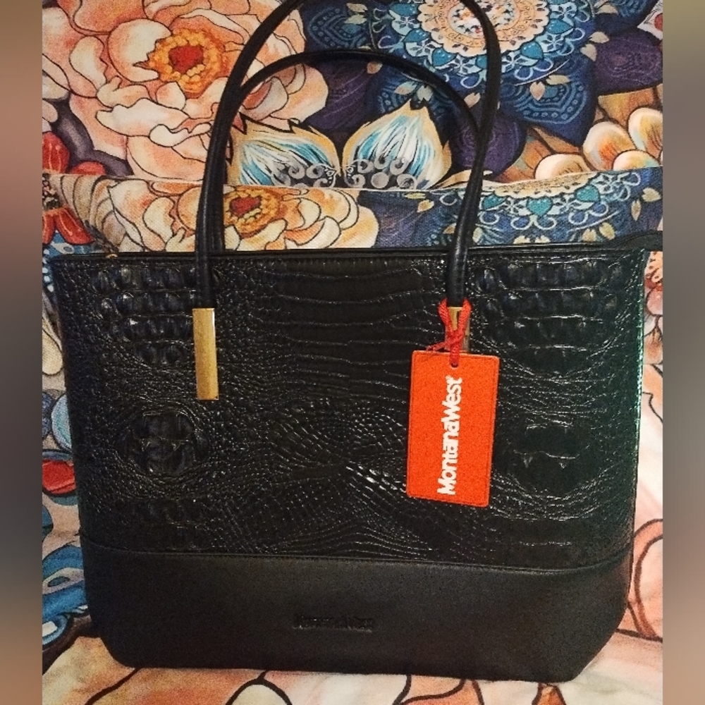 NWT MONTANA WEST BLACK FAUX ALLIGATOR 🐊 TOTE SHOULDER HANDBAG